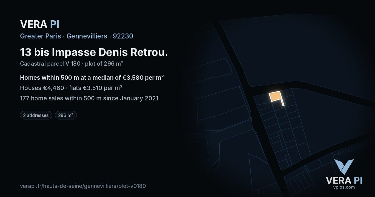 13 bis Impasse Denis Retrou, Gennevilliers at night – the plot lit, the parcels around coloured by the prices near them