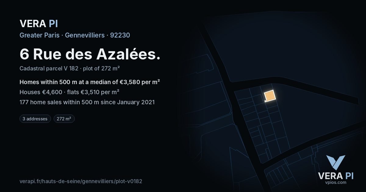 6 Rue des Azalées, Gennevilliers at night – the plot lit, the parcels around coloured by the prices near them