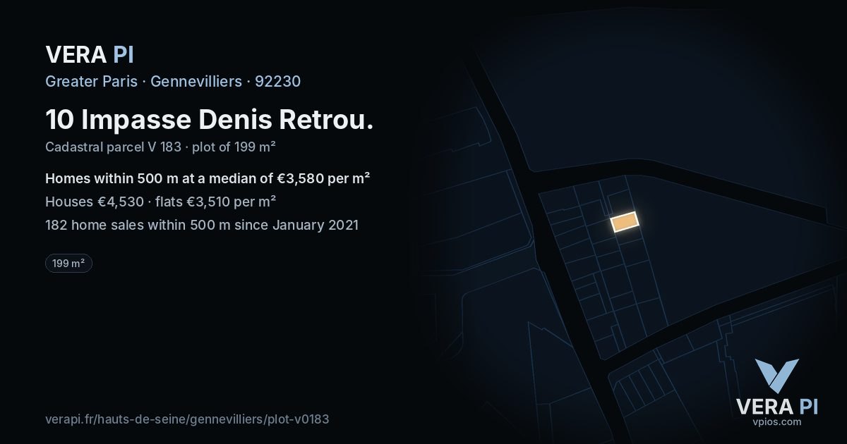 10 Impasse Denis Retrou, Gennevilliers at night – the plot lit, the parcels around coloured by the prices near them