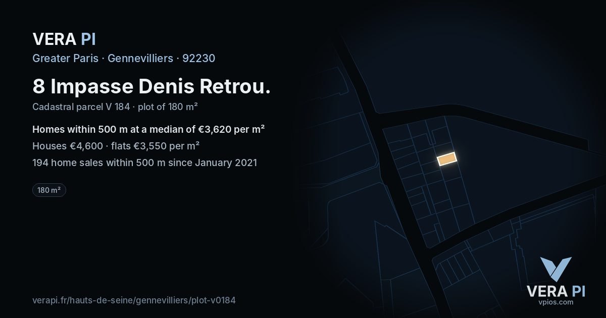 8 Impasse Denis Retrou, Gennevilliers at night – the plot lit, the parcels around coloured by the prices near them