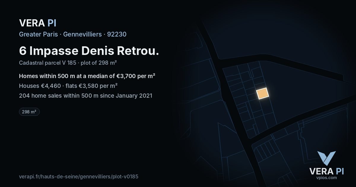 6 Impasse Denis Retrou, Gennevilliers at night – the plot lit, the parcels around coloured by the prices near them