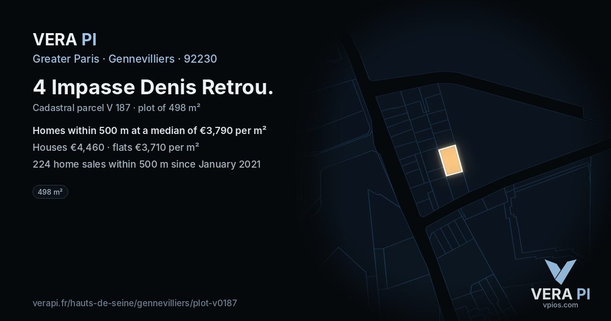 4 Impasse Denis Retrou, Gennevilliers at night – the plot lit, the parcels around coloured by the prices near them