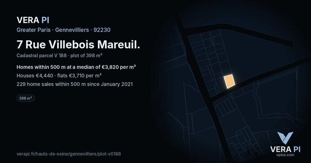 7 Rue Villebois Mareuil, Gennevilliers at night – the plot lit, the parcels around coloured by the prices near them