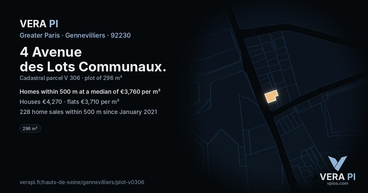 4 Avenue des Lots Communaux, Gennevilliers at night – the plot lit, the parcels around coloured by the prices near them