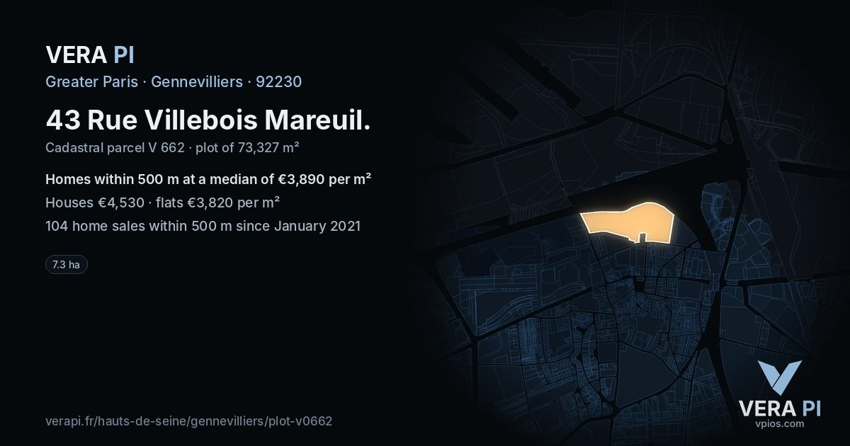 43 Rue Villebois Mareuil, Gennevilliers at night – the plot lit, the parcels around coloured by the prices near them