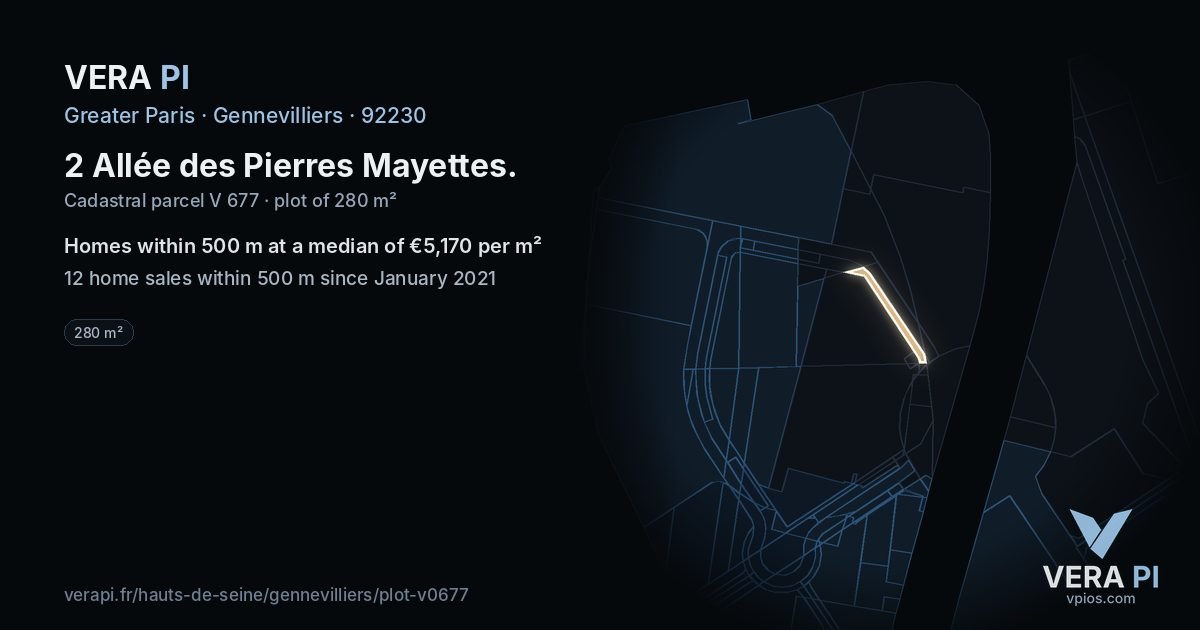 2 Allée des Pierres Mayettes, Gennevilliers at night – the plot lit, the parcels around coloured by the prices near them