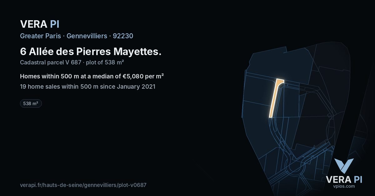6 Allée des Pierres Mayettes, Gennevilliers at night – the plot lit, the parcels around coloured by the prices near them