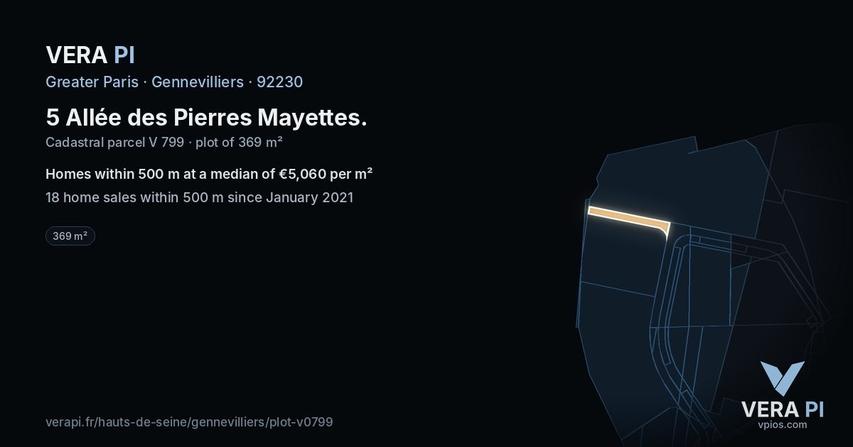 5 Allée des Pierres Mayettes, Gennevilliers at night – the plot lit, the parcels around coloured by the prices near them