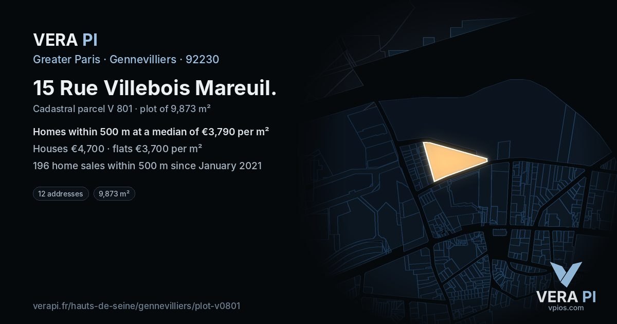15 Rue Villebois Mareuil, Gennevilliers at night – the plot lit, the parcels around coloured by the prices near them