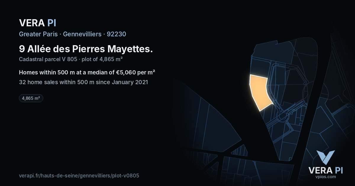 9 Allée des Pierres Mayettes, Gennevilliers at night – the plot lit, the parcels around coloured by the prices near them