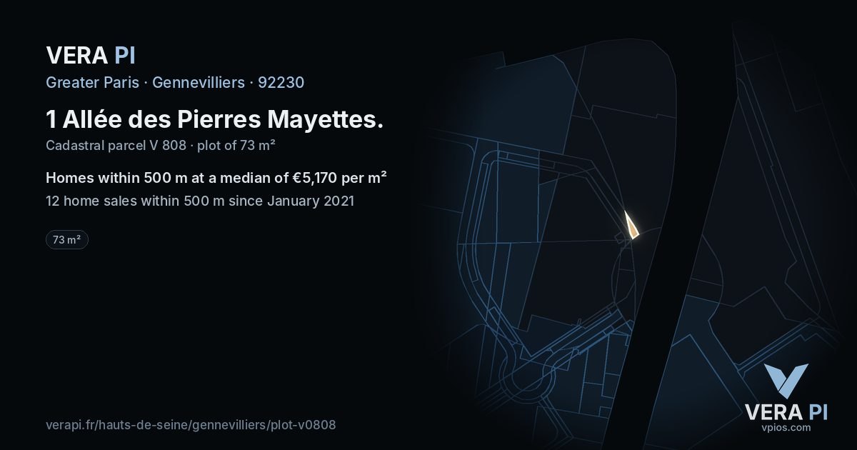 1 Allée des Pierres Mayettes, Gennevilliers at night – the plot lit, the parcels around coloured by the prices near them