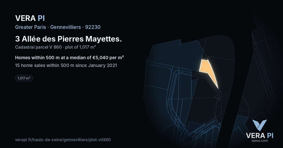 3 Allée des Pierres Mayettes, Gennevilliers at night – the plot lit, the parcels around coloured by the prices near them