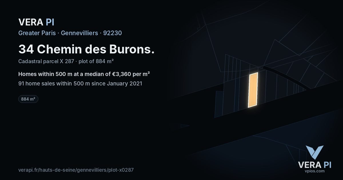 34 Chemin des Burons, Gennevilliers at night – the plot lit, the parcels around coloured by the prices near them