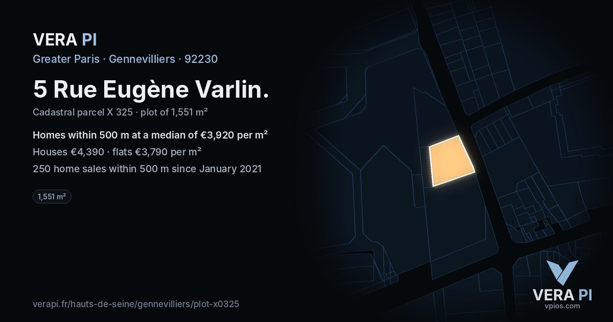 5 Rue Eugène Varlin, Gennevilliers at night – the plot lit, the parcels around coloured by the prices near them