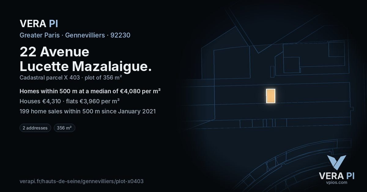22 Avenue Lucette Mazalaigue, Gennevilliers at night – the plot lit, the parcels around coloured by the prices near them