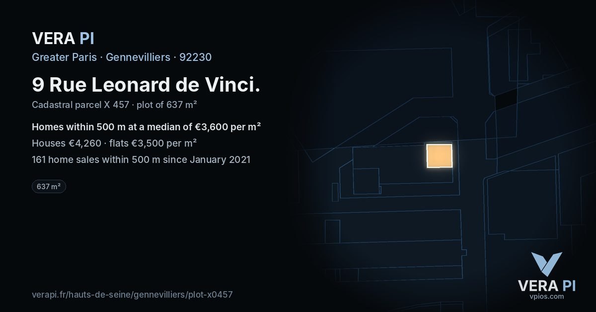 9 Rue Leonard de Vinci, Gennevilliers at night – the plot lit, the parcels around coloured by the prices near them