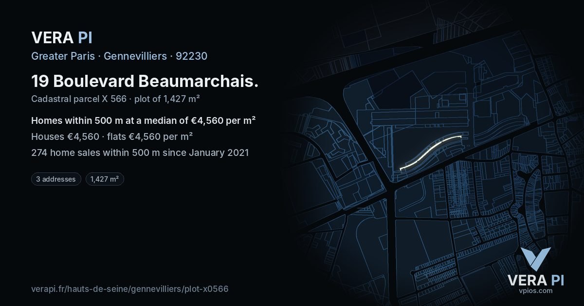 19 Boulevard Beaumarchais, Gennevilliers at night – the plot lit, the parcels around coloured by the prices near them