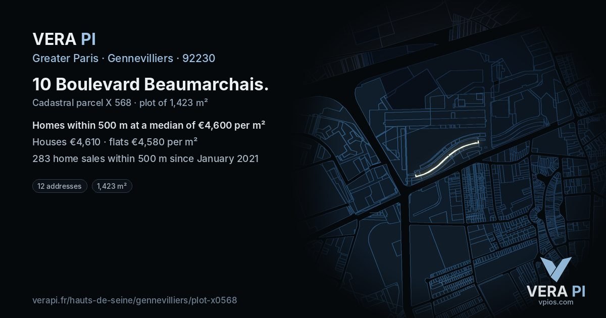 10 Boulevard Beaumarchais, Gennevilliers at night – the plot lit, the parcels around coloured by the prices near them