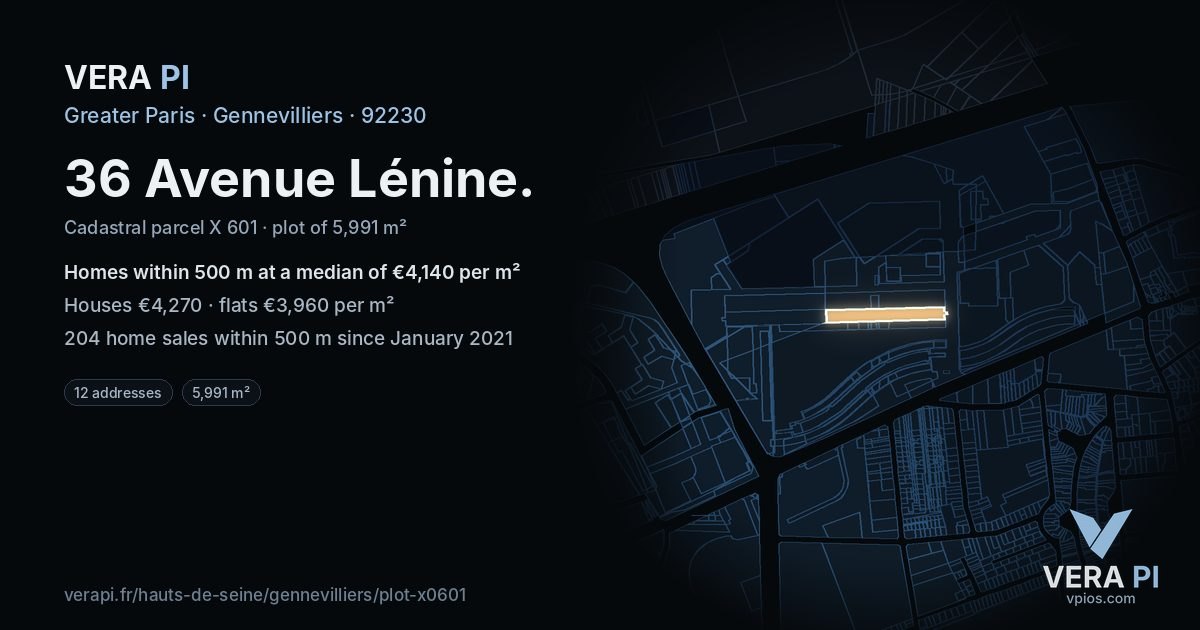 36 Avenue Lénine, Gennevilliers at night – the plot lit, the parcels around coloured by the prices near them