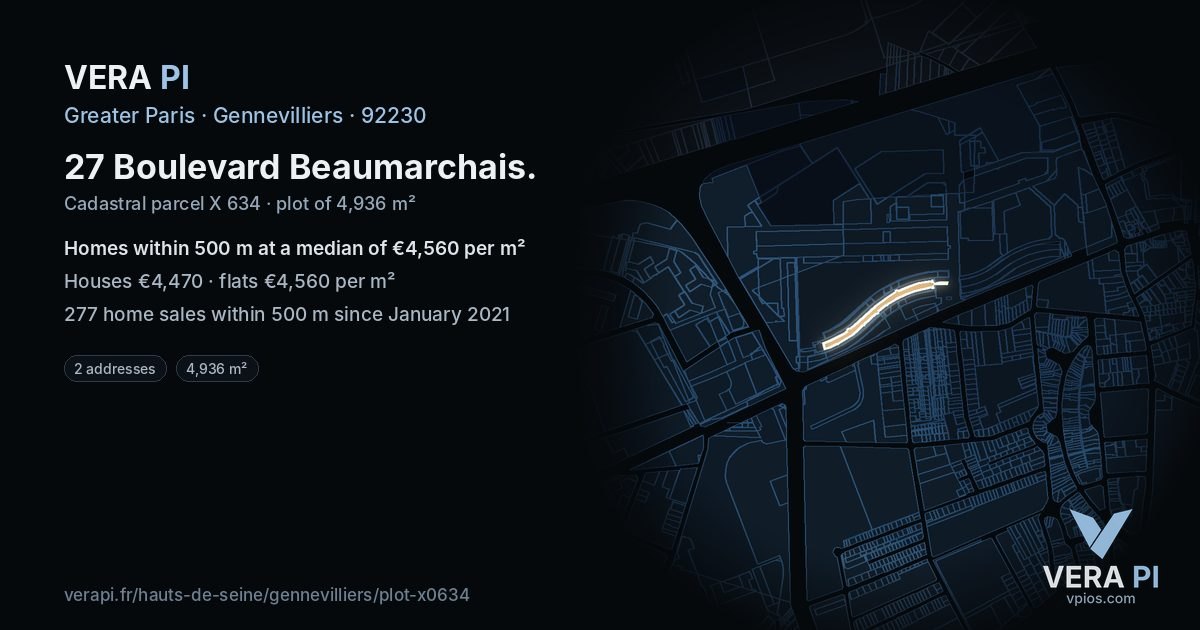 27 Boulevard Beaumarchais, Gennevilliers at night – the plot lit, the parcels around coloured by the prices near them