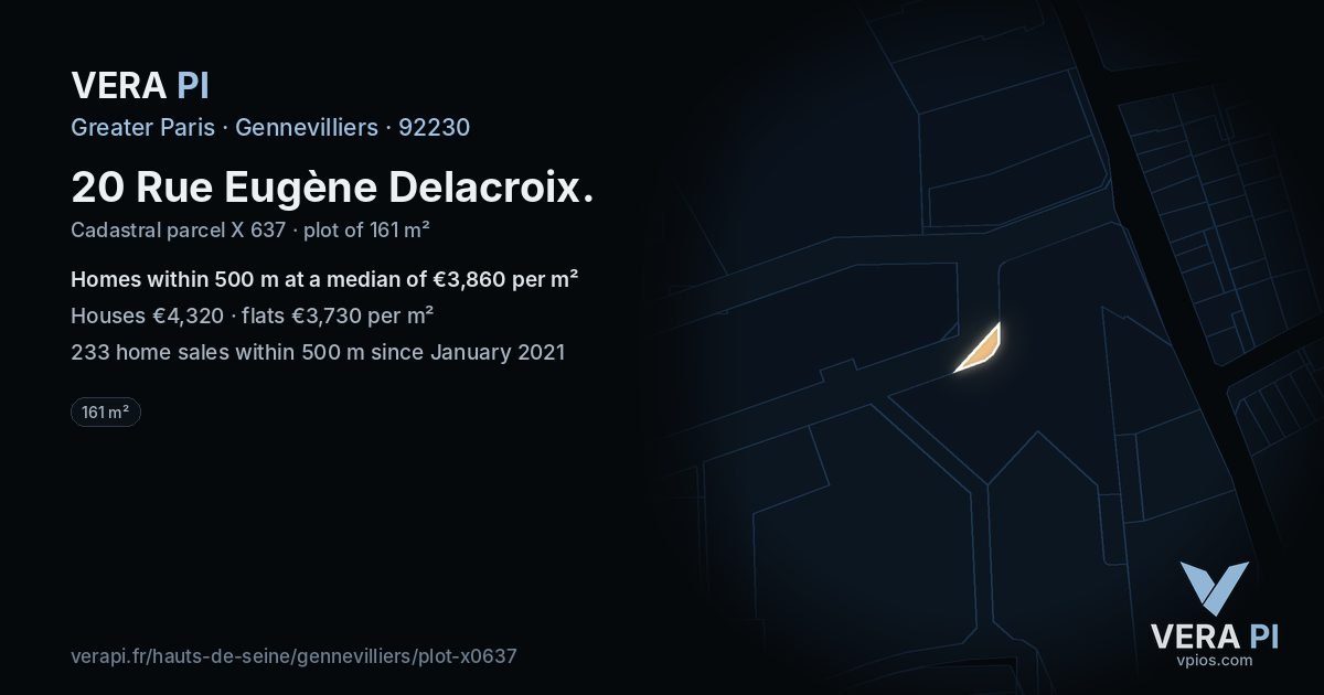 20 Rue Eugène Delacroix, Gennevilliers at night – the plot lit, the parcels around coloured by the prices near them