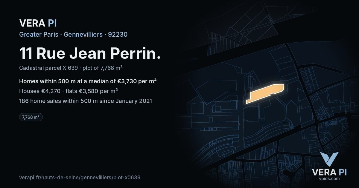 11 Rue Jean Perrin, Gennevilliers at night – the plot lit, the parcels around coloured by the prices near them