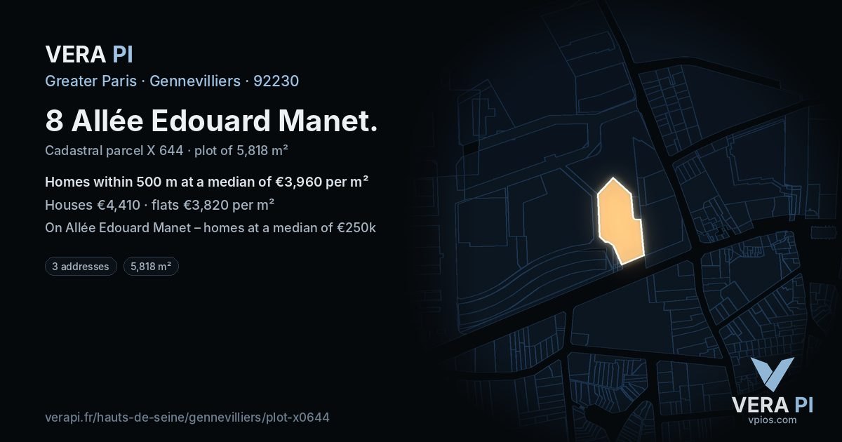 8 Allée Edouard Manet, Gennevilliers at night – the plot lit, the parcels around coloured by the prices near them