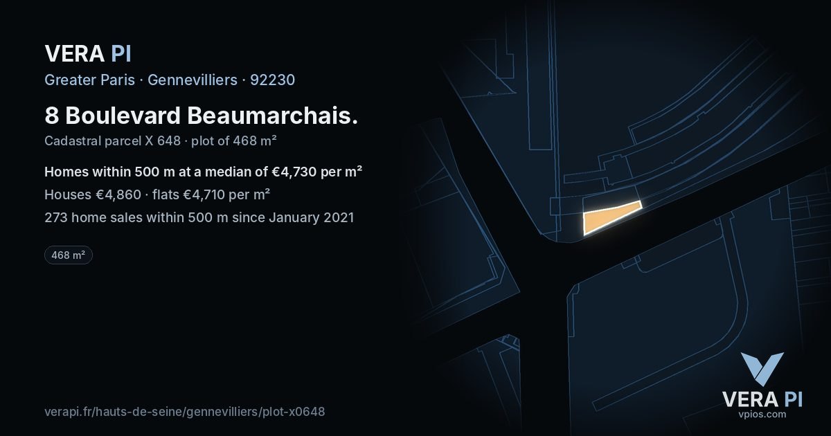 8 Boulevard Beaumarchais, Gennevilliers at night – the plot lit, the parcels around coloured by the prices near them