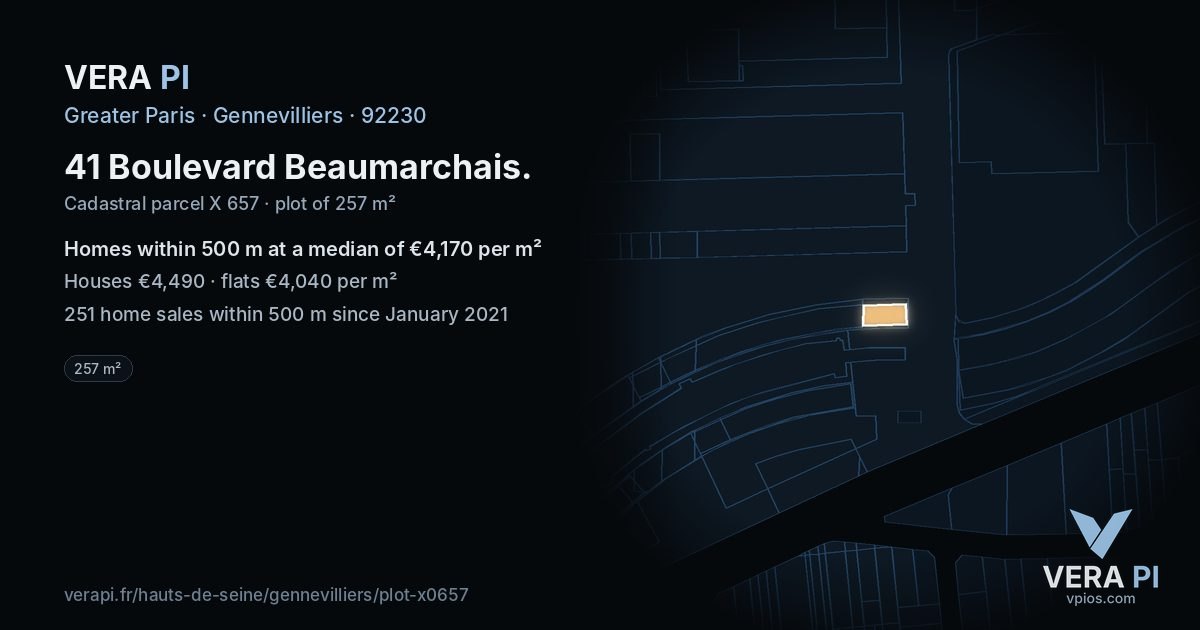 41 Boulevard Beaumarchais, Gennevilliers at night – the plot lit, the parcels around coloured by the prices near them