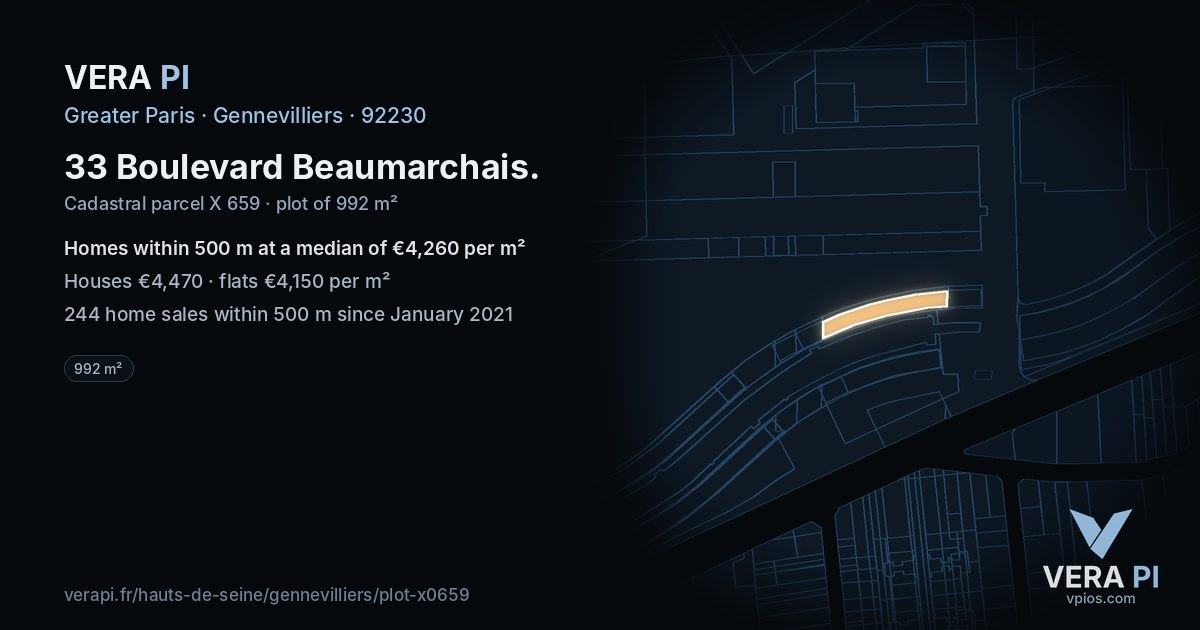 33 Boulevard Beaumarchais, Gennevilliers at night – the plot lit, the parcels around coloured by the prices near them