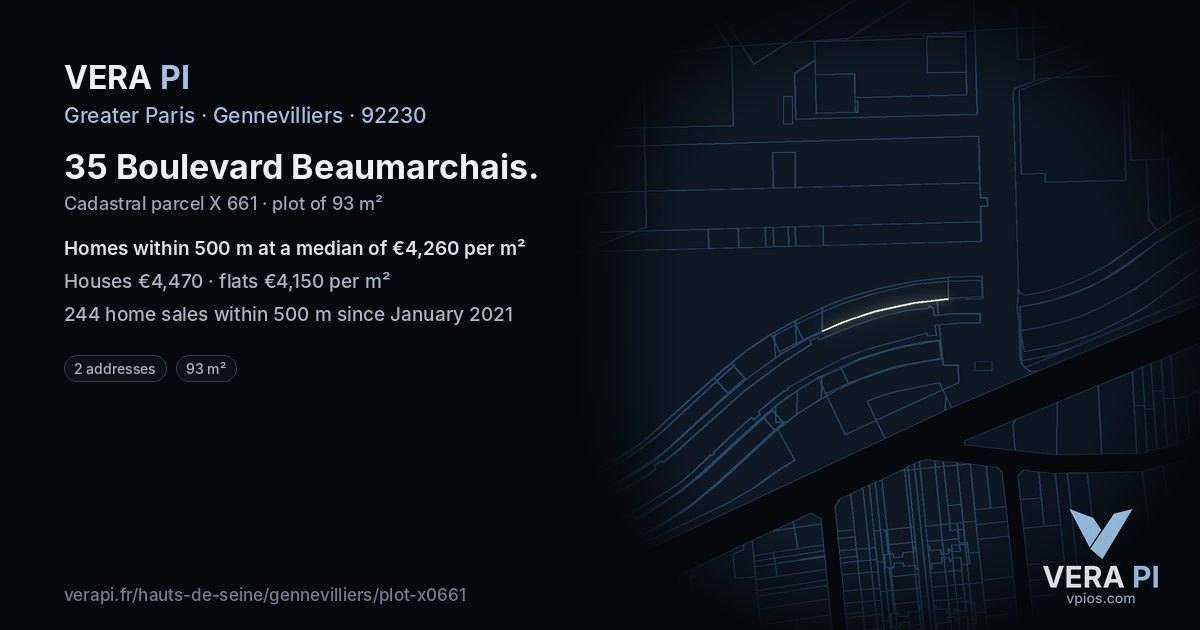 35 Boulevard Beaumarchais, Gennevilliers at night – the plot lit, the parcels around coloured by the prices near them