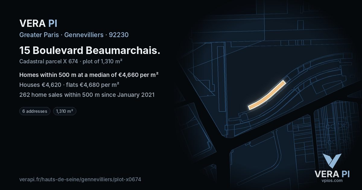15 Boulevard Beaumarchais, Gennevilliers at night – the plot lit, the parcels around coloured by the prices near them