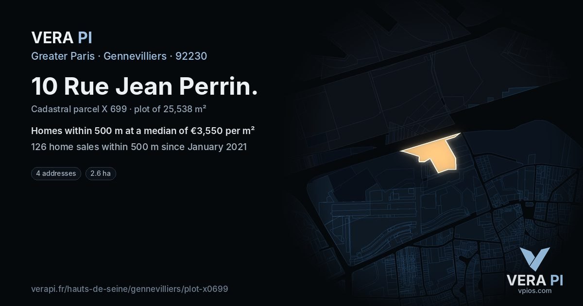 10 Rue Jean Perrin, Gennevilliers at night – the plot lit, the parcels around coloured by the prices near them