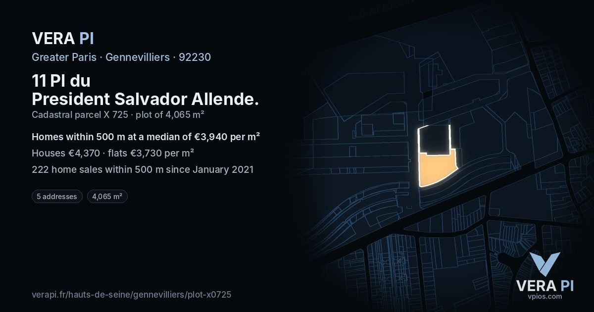 11 Pl du President Salvador Allende, Gennevilliers at night – the plot lit, the parcels around coloured by the prices near them