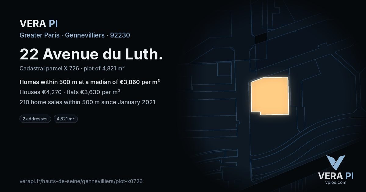 22 Avenue du Luth, Gennevilliers at night – the plot lit, the parcels around coloured by the prices near them