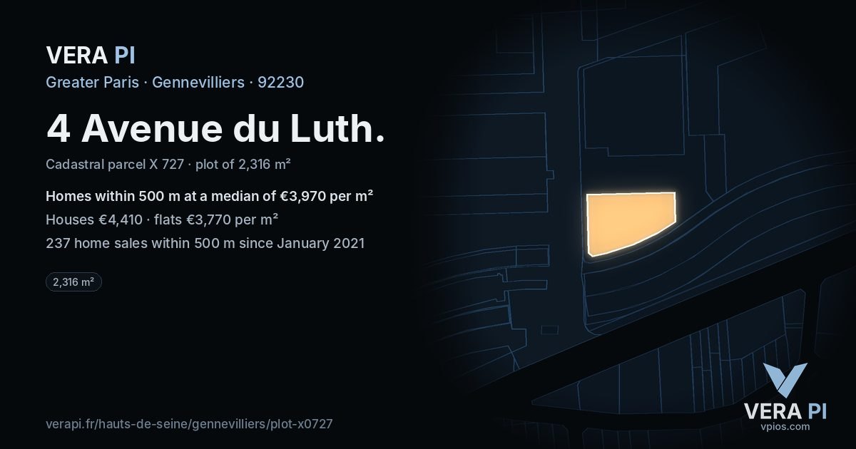 4 Avenue du Luth, Gennevilliers at night – the plot lit, the parcels around coloured by the prices near them