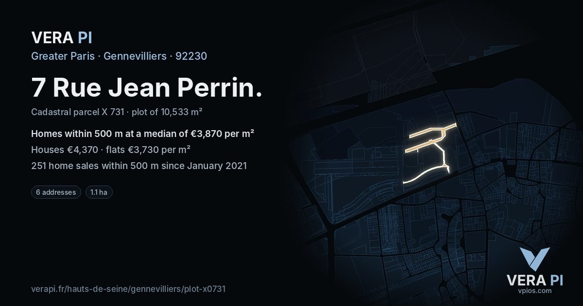 7 Rue Jean Perrin, Gennevilliers at night – the plot lit, the parcels around coloured by the prices near them