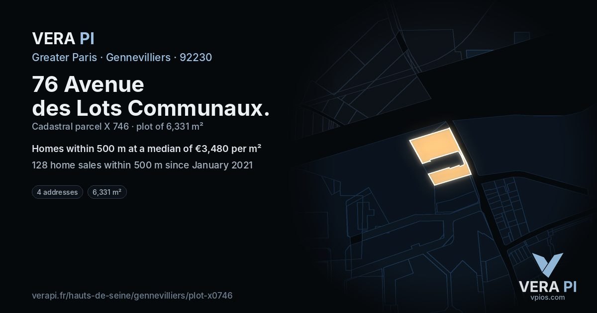 76 Avenue des Lots Communaux, Gennevilliers at night – the plot lit, the parcels around coloured by the prices near them