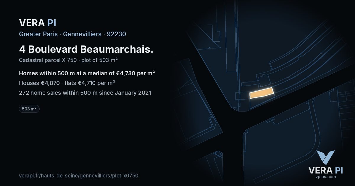 4 Boulevard Beaumarchais, Gennevilliers at night – the plot lit, the parcels around coloured by the prices near them