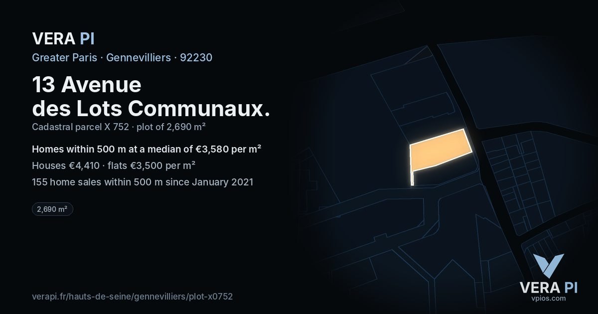 13 Avenue des Lots Communaux, Gennevilliers at night – the plot lit, the parcels around coloured by the prices near them