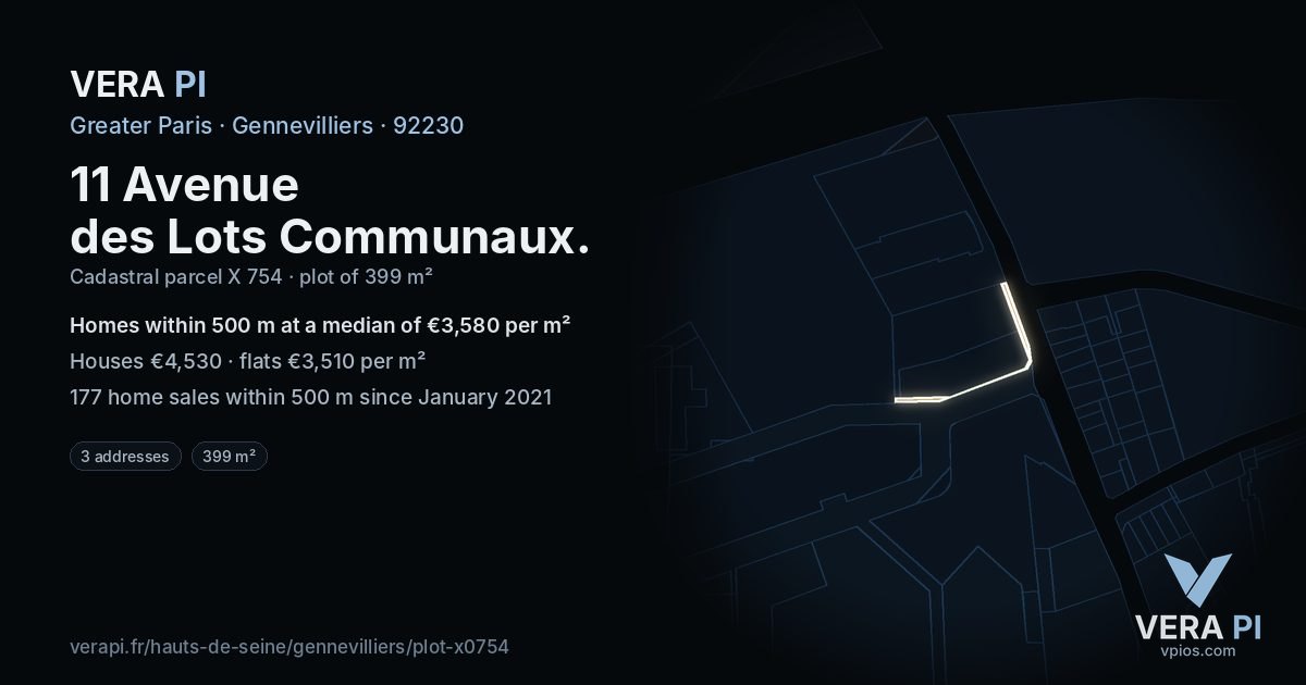 11 Avenue des Lots Communaux, Gennevilliers at night – the plot lit, the parcels around coloured by the prices near them
