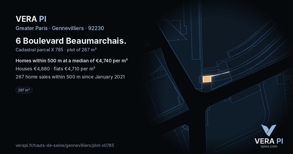 6 Boulevard Beaumarchais, Gennevilliers at night – the plot lit, the parcels around coloured by the prices near them