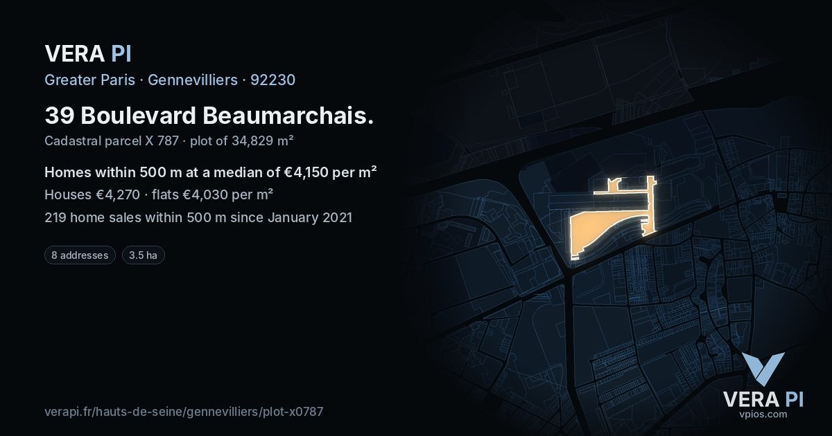 39 Boulevard Beaumarchais, Gennevilliers at night – the plot lit, the parcels around coloured by the prices near them
