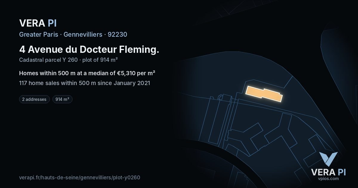 4 Avenue du Docteur Fleming, Gennevilliers at night – the plot lit, the parcels around coloured by the prices near them