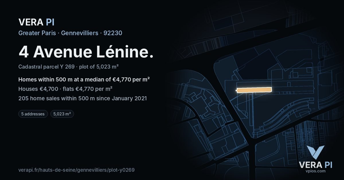 4 Avenue Lénine, Gennevilliers at night – the plot lit, the parcels around coloured by the prices near them