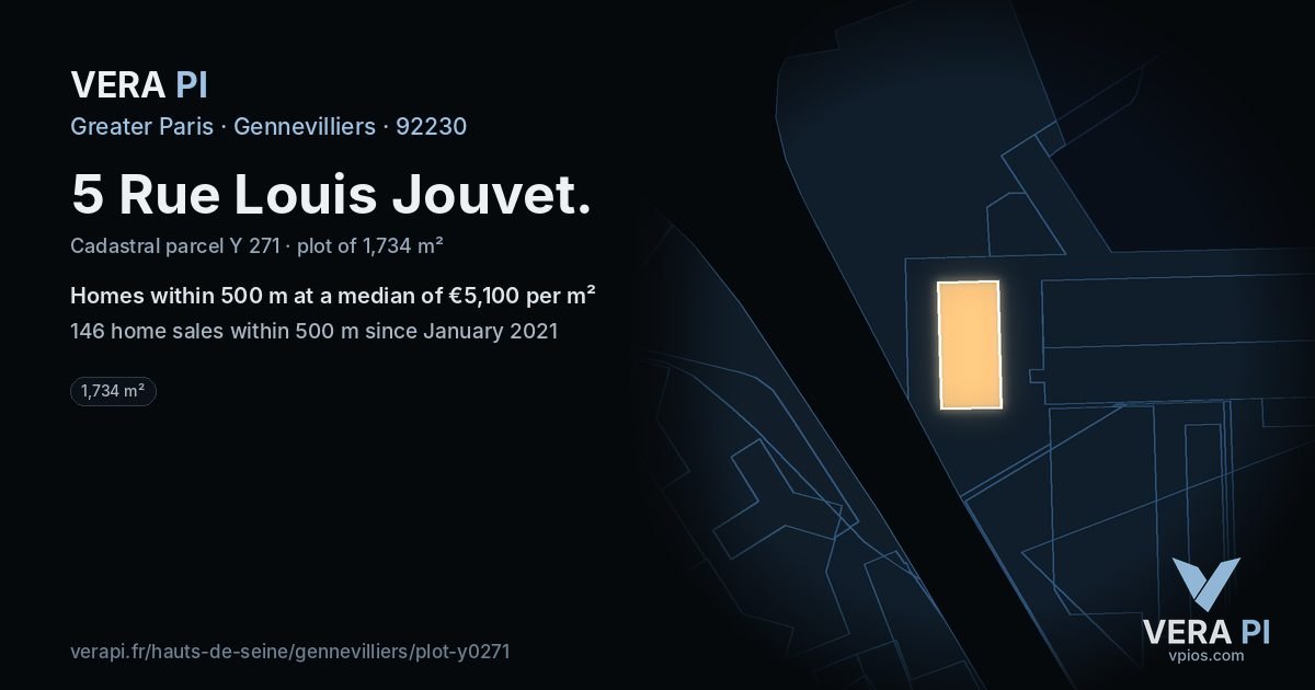 5 Rue Louis Jouvet, Gennevilliers at night – the plot lit, the parcels around coloured by the prices near them
