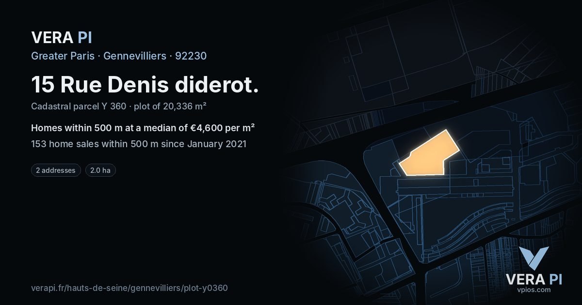 15 Rue Denis diderot, Gennevilliers at night – the plot lit, the parcels around coloured by the prices near them