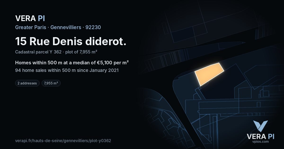 15 Rue Denis diderot, Gennevilliers at night – the plot lit, the parcels around coloured by the prices near them