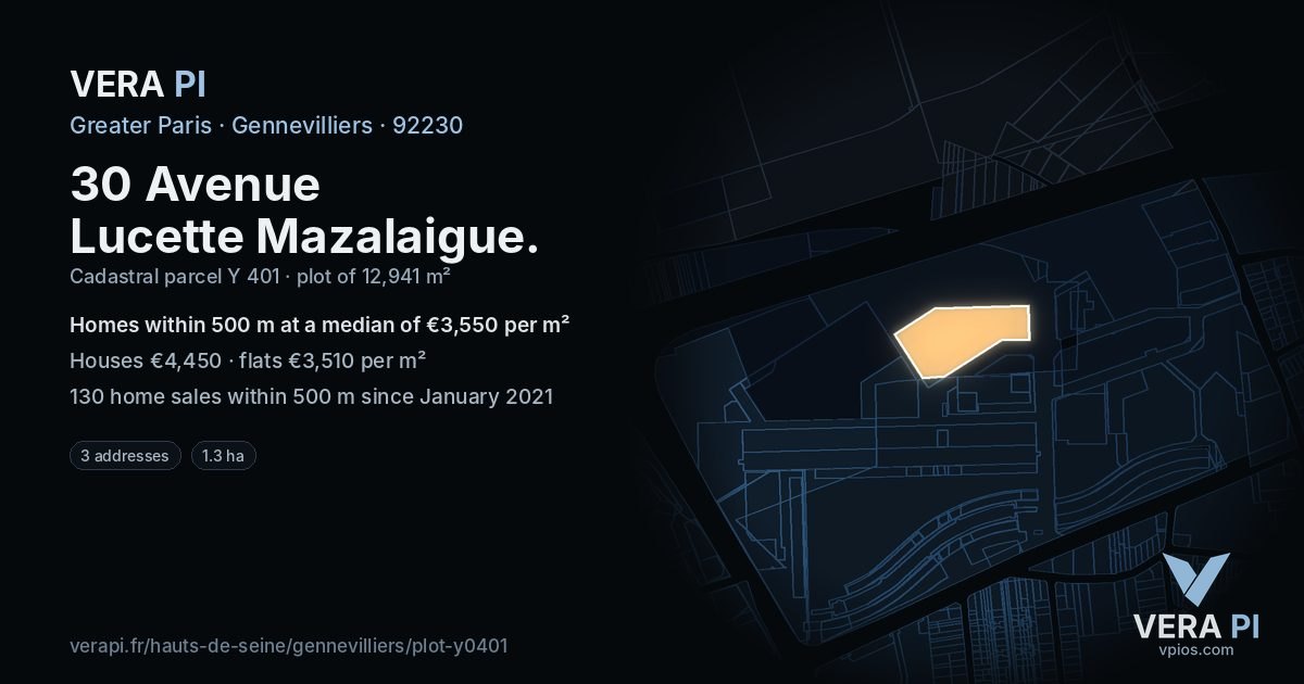 30 Avenue Lucette Mazalaigue, Gennevilliers at night – the plot lit, the parcels around coloured by the prices near them