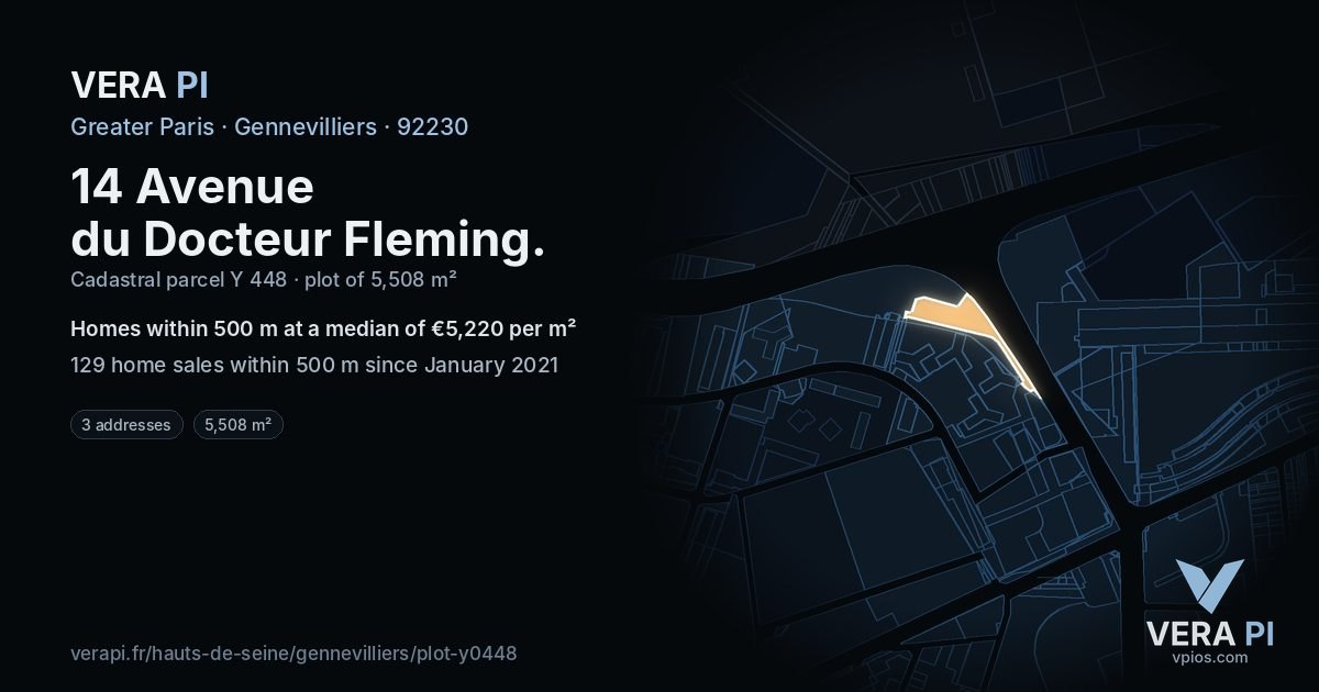 14 Avenue du Docteur Fleming, Gennevilliers at night – the plot lit, the parcels around coloured by the prices near them